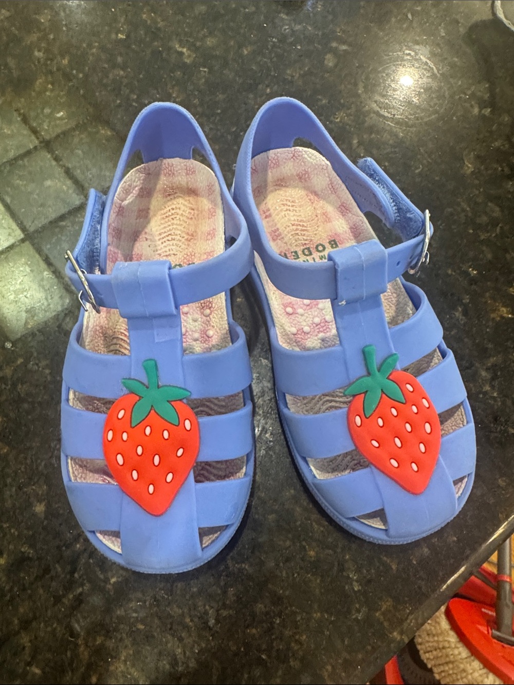 Boden Blue Jelly Sandals with Red Strawberry Appliqués